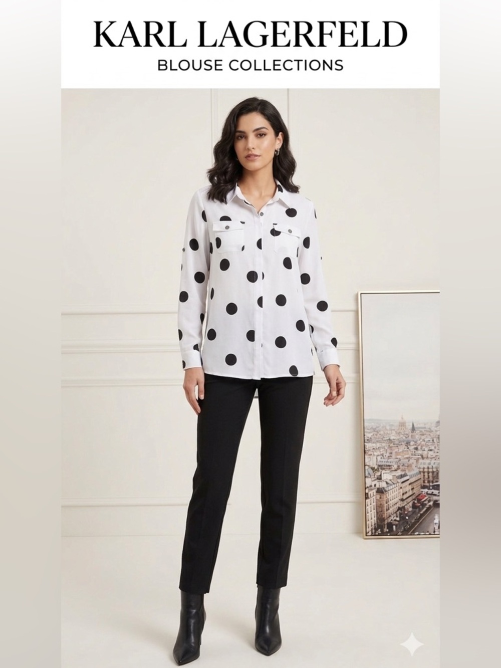 Karl Lagerfeld White Button-Down Blouse with Black Polka Dots